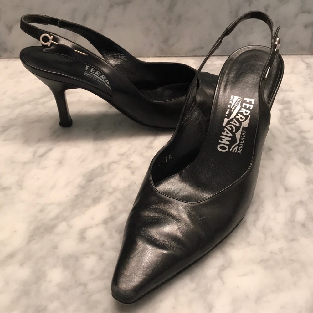 Vintage Ferragamo Black Sling-Back Heels
